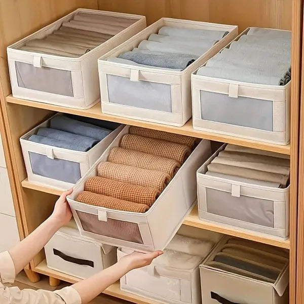 Aeelleea Foldable Clothes Storage Box with Visible Window, Stackable Wardrobe Bin for Closet Under Bed Shelf, Nano White Linen, 15.7×11×6.7 Inches