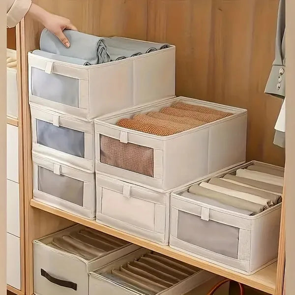 Aeelleea Foldable Clothes Storage Box with Visible Window, Stackable Wardrobe Bin for Closet Under Bed Shelf, Nano White Linen, 15.7×11×6.7 Inches