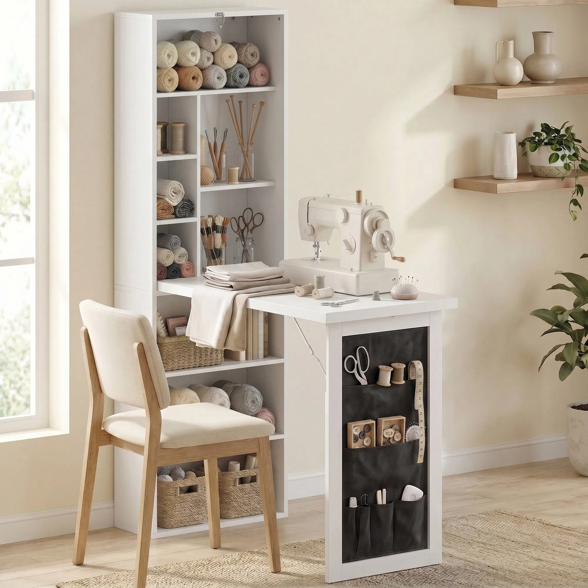 Foldable Wall Mounted Computer Desk with Storage Shelves & Pocket Bag, Convertible Writing Table for Small Space, White