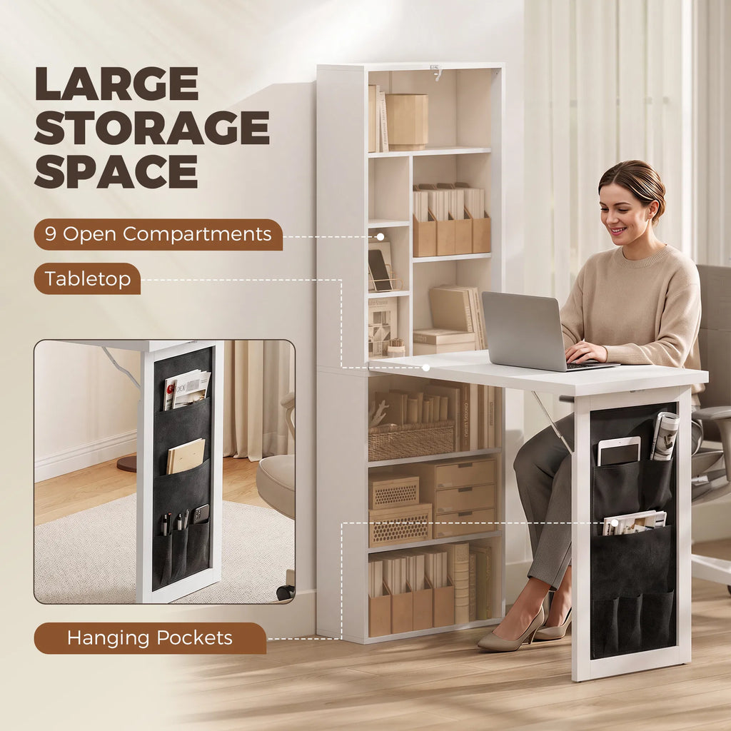 Foldable Wall Mounted Computer Desk with Storage Shelves & Pocket Bag, Convertible Writing Table for Small Space, White