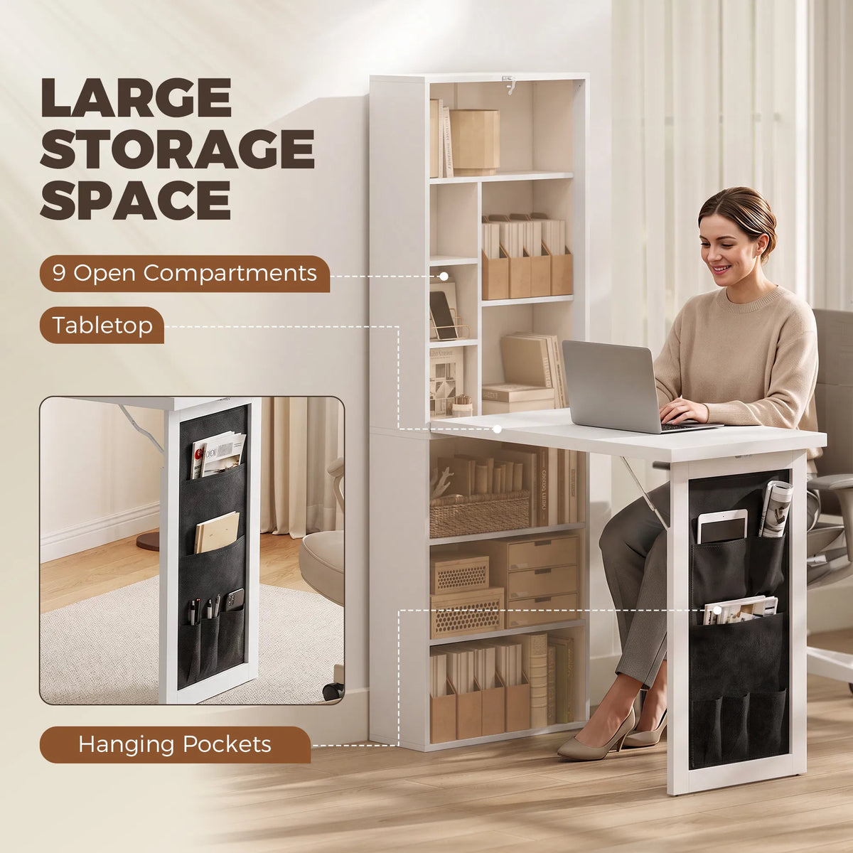 Foldable Wall Mounted Computer Desk with Storage Shelves & Pocket Bag, Convertible Writing Table for Small Space, White