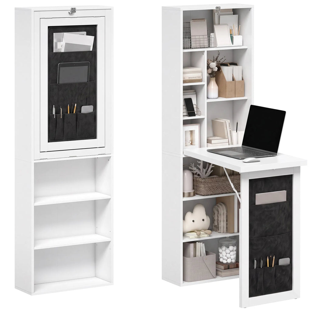 Foldable Wall Mounted Computer Desk with Storage Shelves & Pocket Bag, Convertible Writing Table for Small Space, White