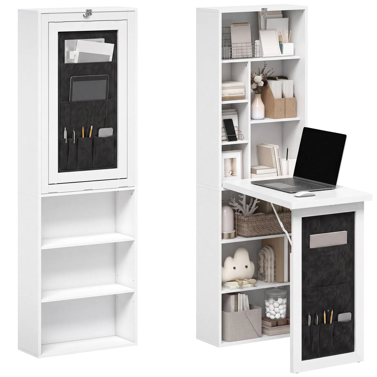 Foldable Wall Mounted Computer Desk with Storage Shelves & Pocket Bag, Convertible Writing Table for Small Space, White