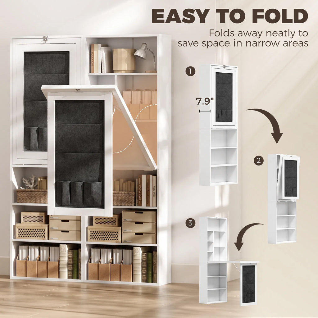 Foldable Wall Mounted Computer Desk with Storage Shelves & Pocket Bag, Convertible Writing Table for Small Space, White