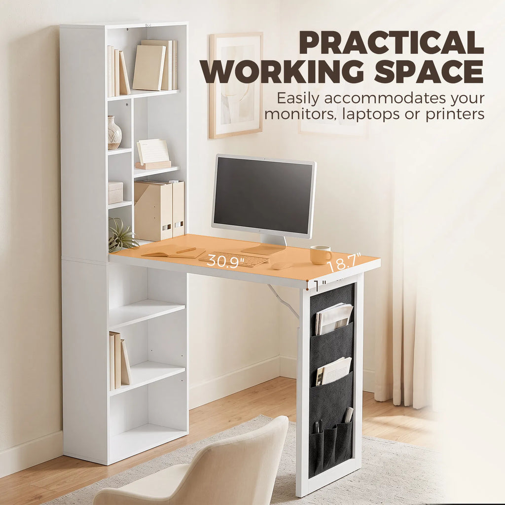 Foldable Wall Mounted Computer Desk with Storage Shelves & Pocket Bag, Convertible Writing Table for Small Space, White