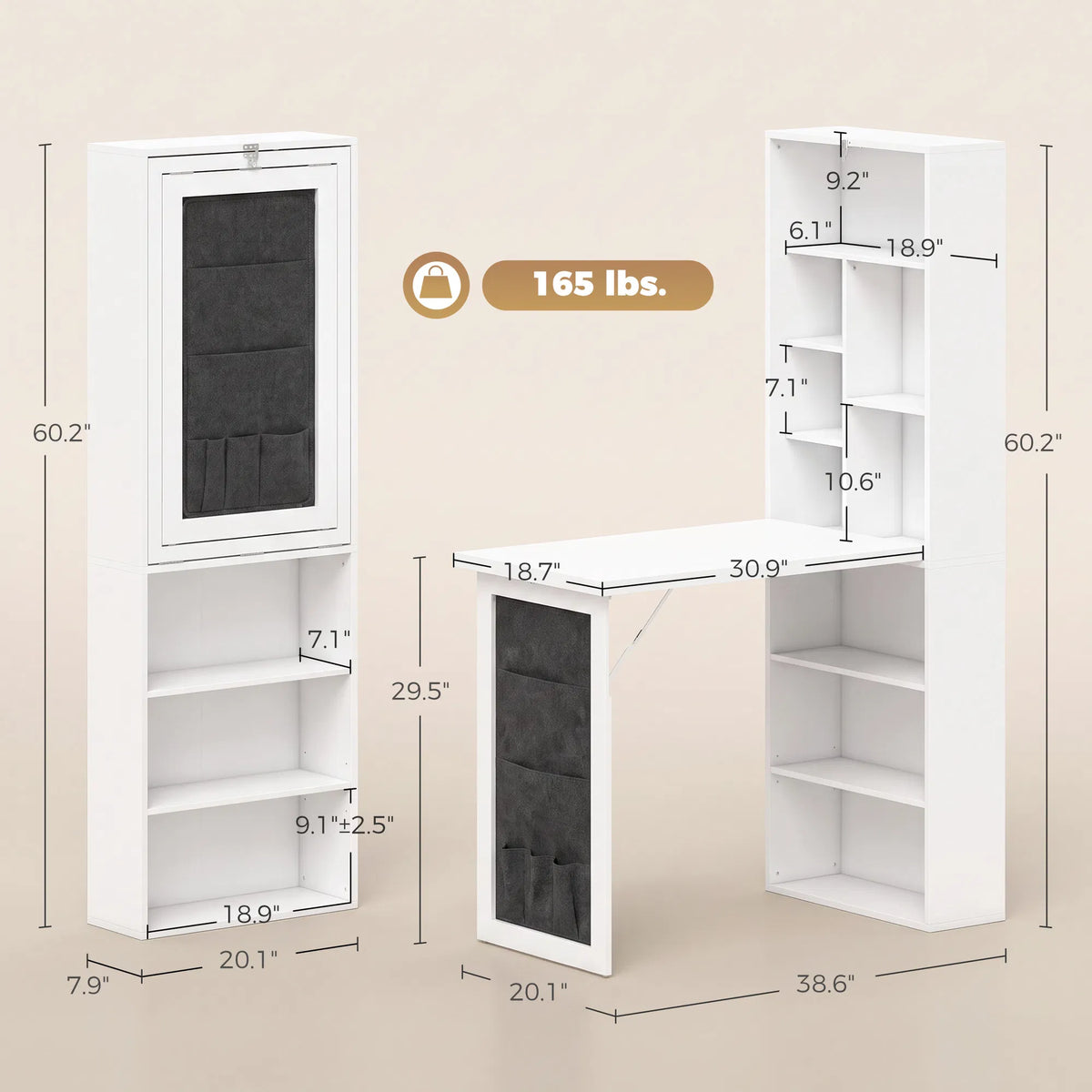 Foldable Wall Mounted Computer Desk with Storage Shelves & Pocket Bag, Convertible Writing Table for Small Space, White