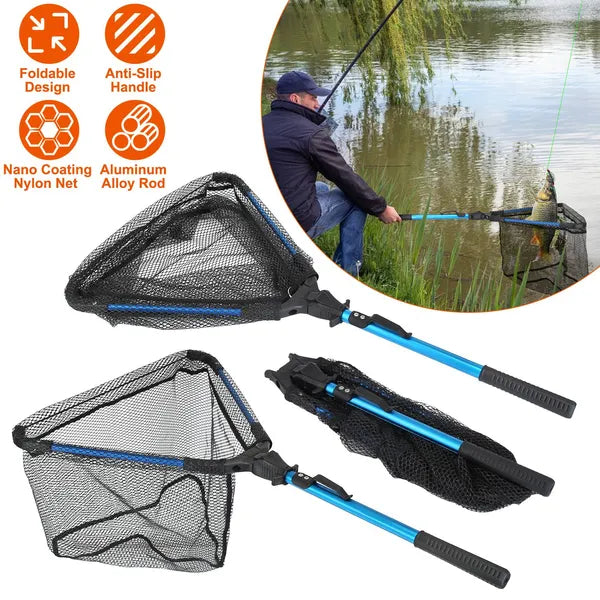Aeelleea Foldable Fishing Landing Net, 28.74in Extended, 16.93in Folded, Aluminum EVA Handle 5mm Hex Nano Nylon Mesh, Catch & Release