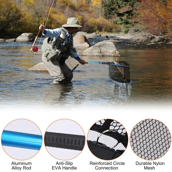 Aeelleea Foldable Fishing Landing Net, 28.74in Extended, 16.93in Folded, Aluminum EVA Handle 5mm Hex Nano Nylon Mesh, Catch & Release