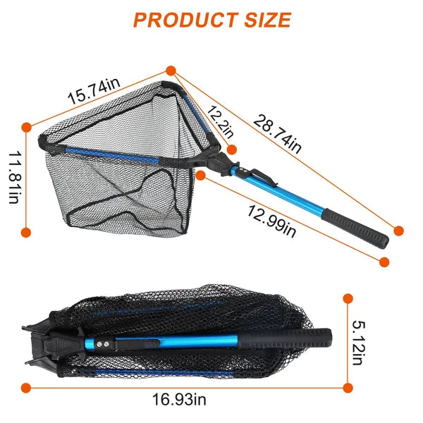 Aeelleea Foldable Fishing Landing Net, 28.74in Extended, 16.93in Folded, Aluminum EVA Handle 5mm Hex Nano Nylon Mesh, Catch & Release