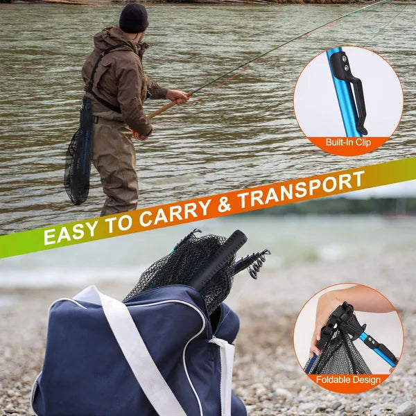 Aeelleea Foldable Fishing Landing Net, 28.74in Extended, 16.93in Folded, Aluminum EVA Handle 5mm Hex Nano Nylon Mesh, Catch & Release