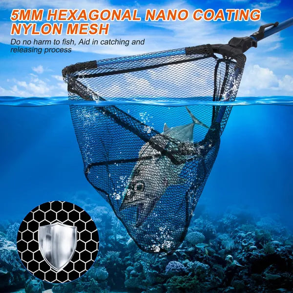 Aeelleea Foldable Fishing Landing Net, 28.74in Extended, 16.93in Folded, Aluminum EVA Handle 5mm Hex Nano Nylon Mesh, Catch & Release