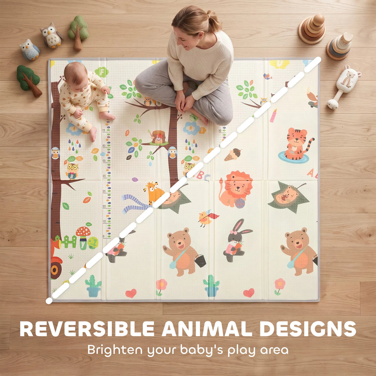 79×71 Inch Reversible Foldable Baby Play Mat, Waterproof Non‑Slip XPE Foam Crawl Mat with Woodland Animal Print