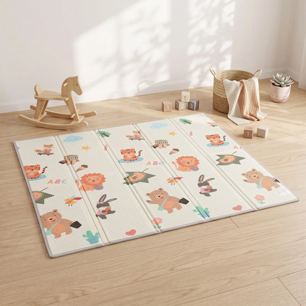 79×71 Inch Reversible Foldable Baby Play Mat, Waterproof Non‑Slip XPE Foam Crawl Mat with Woodland Animal Print