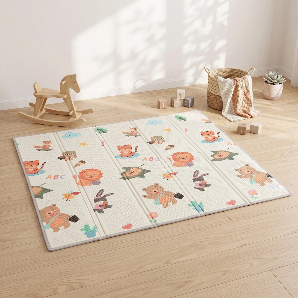 79×71 Inch Reversible Foldable Baby Play Mat, Waterproof Non‑Slip XPE Foam Crawl Mat with Woodland Animal Print
