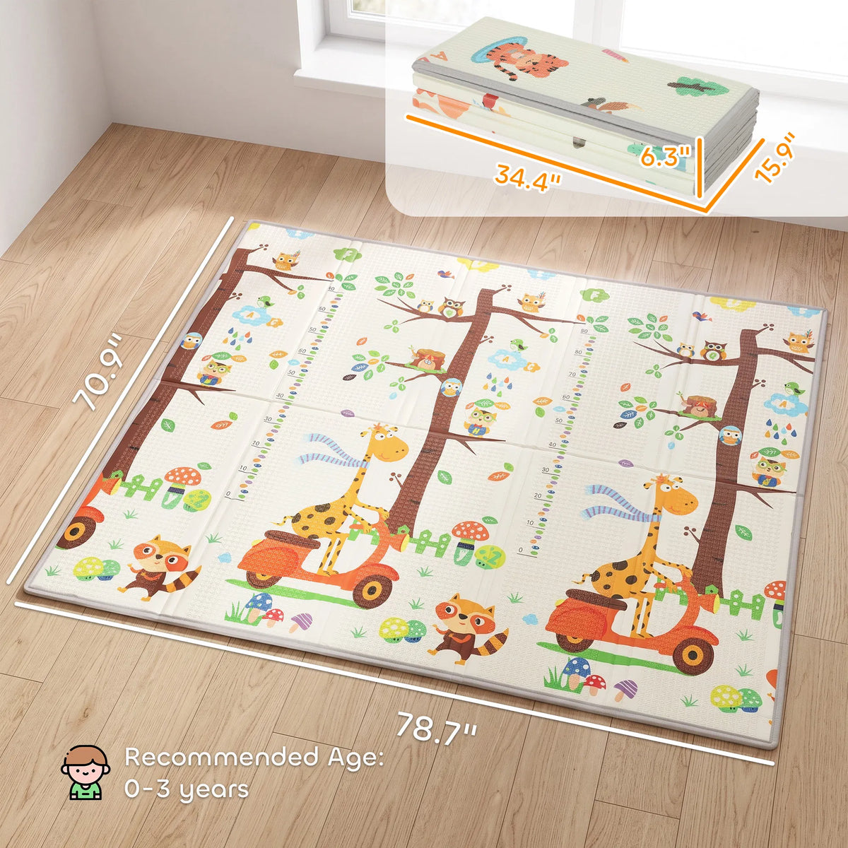 79×71 Inch Reversible Foldable Baby Play Mat, Waterproof Non‑Slip XPE Foam Crawl Mat with Woodland Animal Print