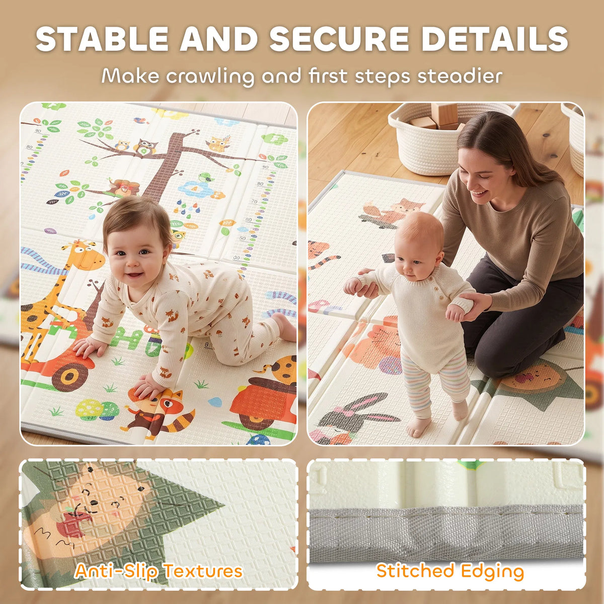 79×71 Inch Reversible Foldable Baby Play Mat, Waterproof Non‑Slip XPE Foam Crawl Mat with Woodland Animal Print