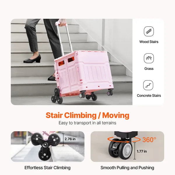 Aeelleea 65L Folding Utility Cart, Stair Climbing & 360 Swivel Wheels, Telescoping Handle Grocery Trolley for Shopping Office Teacher, Pink ```