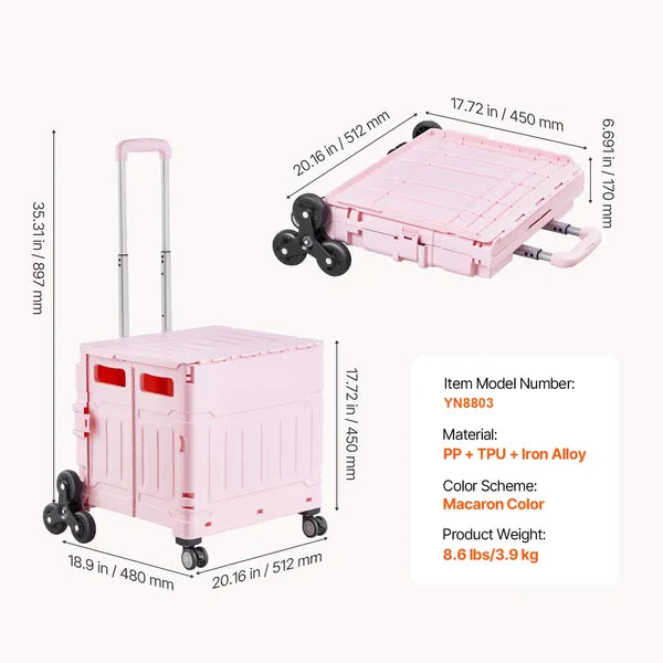Aeelleea 65L Folding Utility Cart, Stair Climbing & 360 Swivel Wheels, Telescoping Handle Grocery Trolley for Shopping Office Teacher, Pink ```