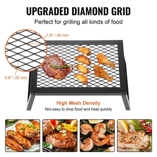 Folding Camp Fire Grill Portable Open‑Fire Cooking Grate, Heavy‑Duty Steel Campfire Grill Stand with Carry Bag for Outdoor Camping BBQ