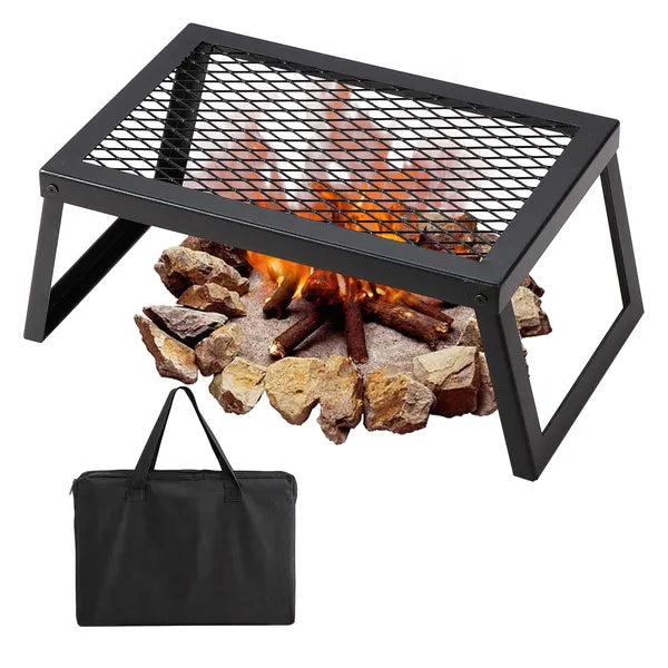 Folding Camp Fire Grill Portable Open‑Fire Cooking Grate, Heavy‑Duty Steel Campfire Grill Stand with Carry Bag for Outdoor Camping BBQ