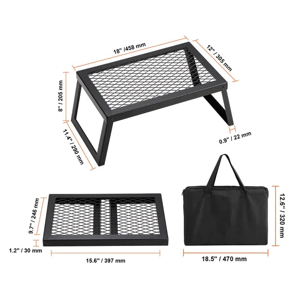 Folding Camp Fire Grill Portable Open‑Fire Cooking Grate, Heavy‑Duty Steel Campfire Grill Stand with Carry Bag for Outdoor Camping BBQ