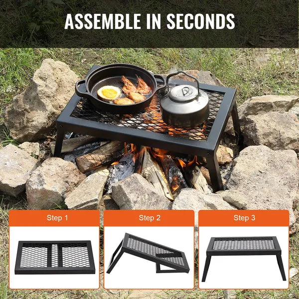 Folding Camp Fire Grill Portable Open‑Fire Cooking Grate, Heavy‑Duty Steel Campfire Grill Stand with Carry Bag for Outdoor Camping BBQ