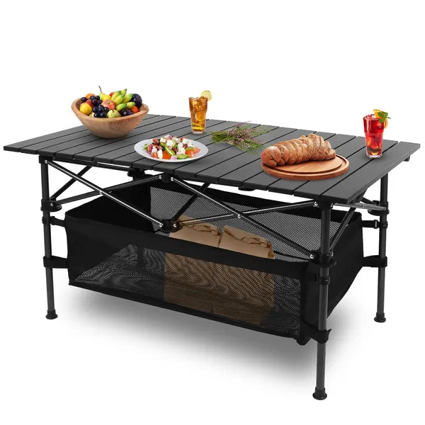 Aeelleea Folding Camping Table, 37.2×21.7 Inch Aluminum Roll Top Picnic Table with Storage Bag, Portable Outdoor Table for Beach Backyard Patio Party