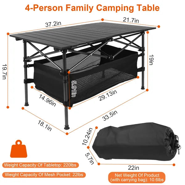 Aeelleea Folding Camping Table, 37.2×21.7 Inch Aluminum Roll Top Picnic Table with Storage Bag, Portable Outdoor Table for Beach Backyard Patio Party