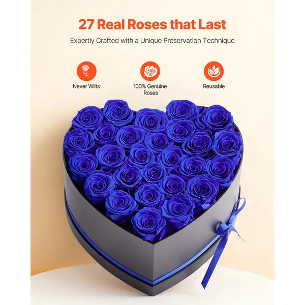 27 Preserved Royal‑Blue Roses Heart‑Shape Box, Forever Eternal Flower Gift for Women, Wife, Mom, Birthday, Anniversary, Valentine's & Christmas