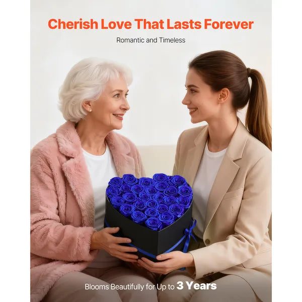 27 Preserved Royal‑Blue Roses Heart‑Shape Box, Forever Eternal Flower Gift for Women, Wife, Mom, Birthday, Anniversary, Valentine's & Christmas