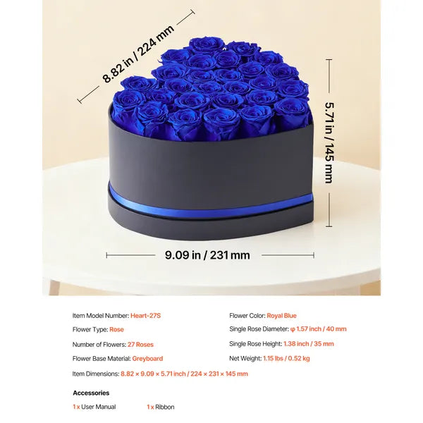 27 Preserved Royal‑Blue Roses Heart‑Shape Box, Forever Eternal Flower Gift for Women, Wife, Mom, Birthday, Anniversary, Valentine's & Christmas