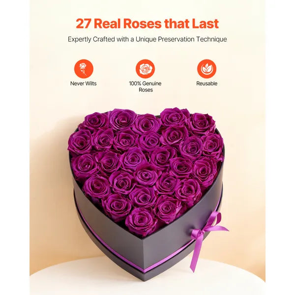 27 Preserved Purple Roses Heart‑Shape Box, Forever Eternal Flowers Gift for Women, Wife, Mom, Birthday, Anniversary, Valentine's Day & Christmas