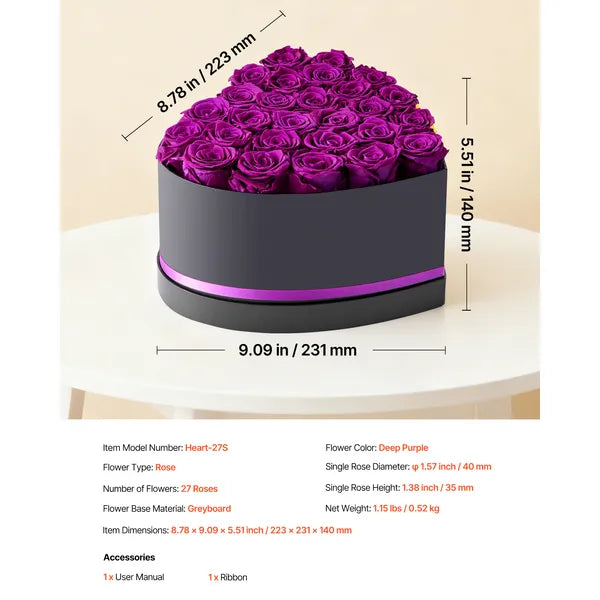 27 Preserved Purple Roses Heart‑Shape Box, Forever Eternal Flowers Gift for Women, Wife, Mom, Birthday, Anniversary, Valentine's Day & Christmas