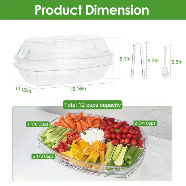 4 Compartment Cold Food Buffet Serving Tray with Clear Lid, BPA-Free Divided Platter for Fruit, Veggies, Party & Catering