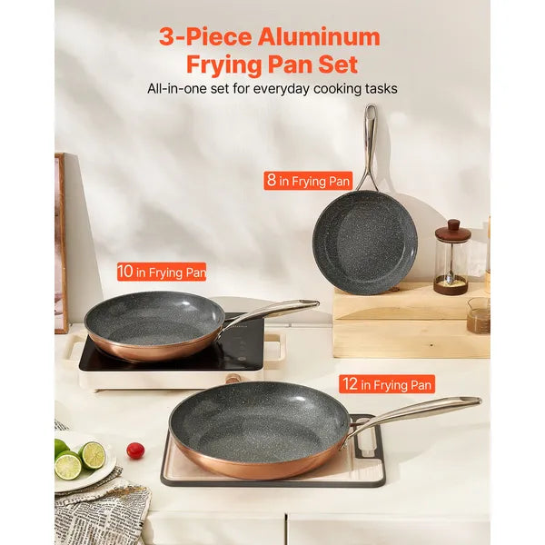 3 Piece Aluminum Non-Stick Frying Pan Set, 8/10/12 Inch Skillets, PFOA Free, for Gas, Electric & Induction Stovetops