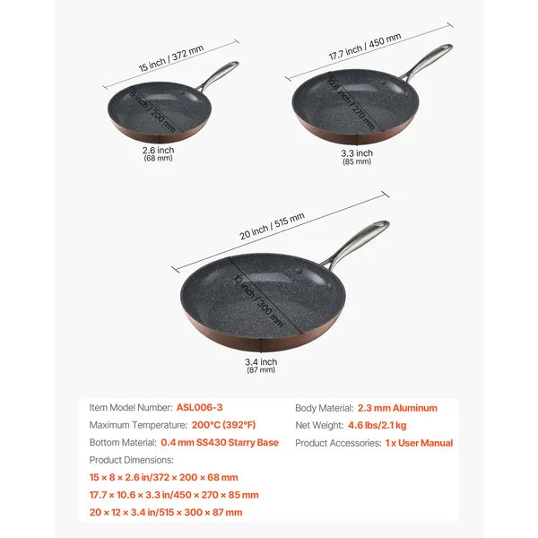 3 Piece Aluminum Non-Stick Frying Pan Set, 8/10/12 Inch Skillets, PFOA Free, for Gas, Electric & Induction Stovetops