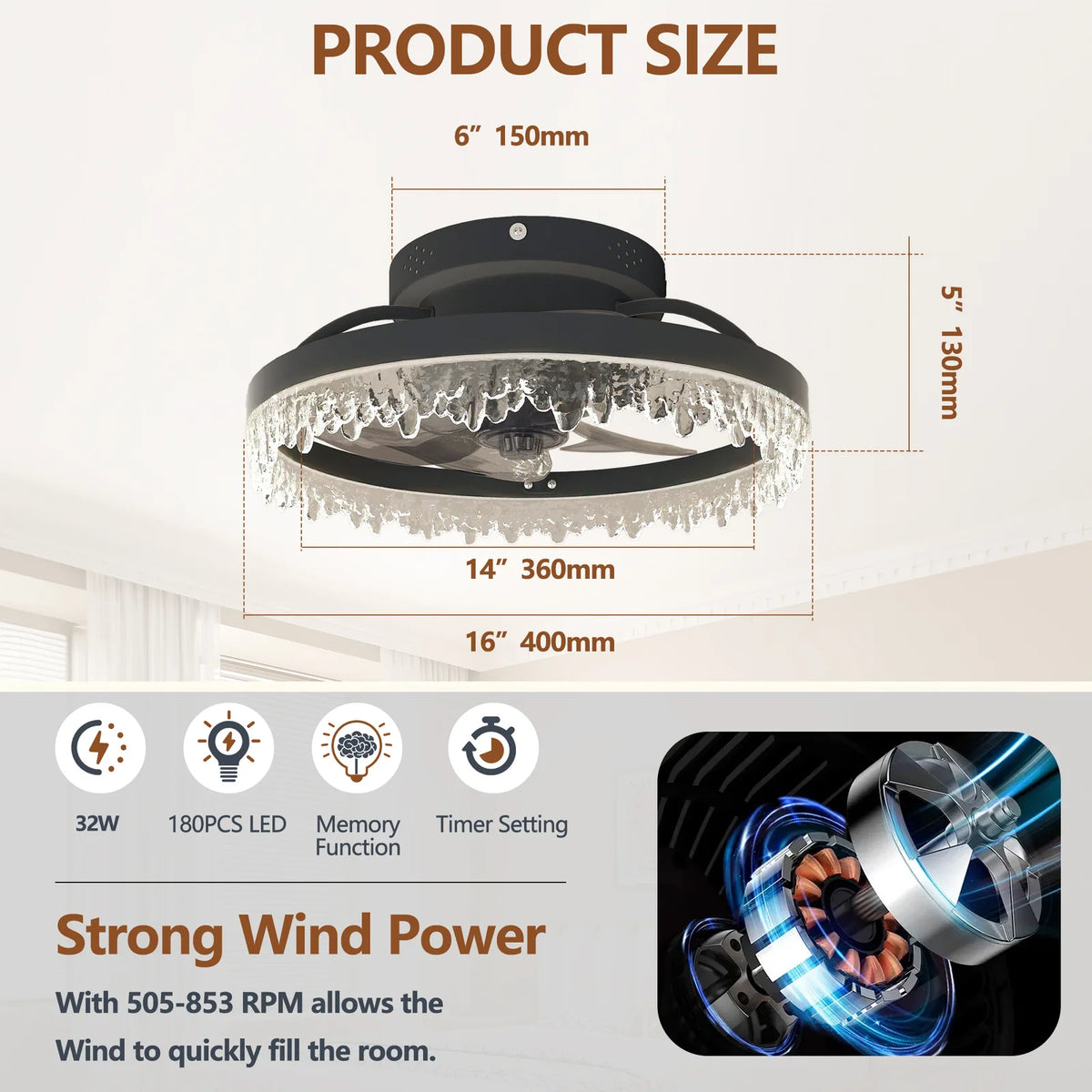 AEELLEEA 16" Ceiling Fan Light, Flush Mount LED Fandelier, 5 Invisible Blades, Dimmable, Remote & App, Bedroom Living Room, Black