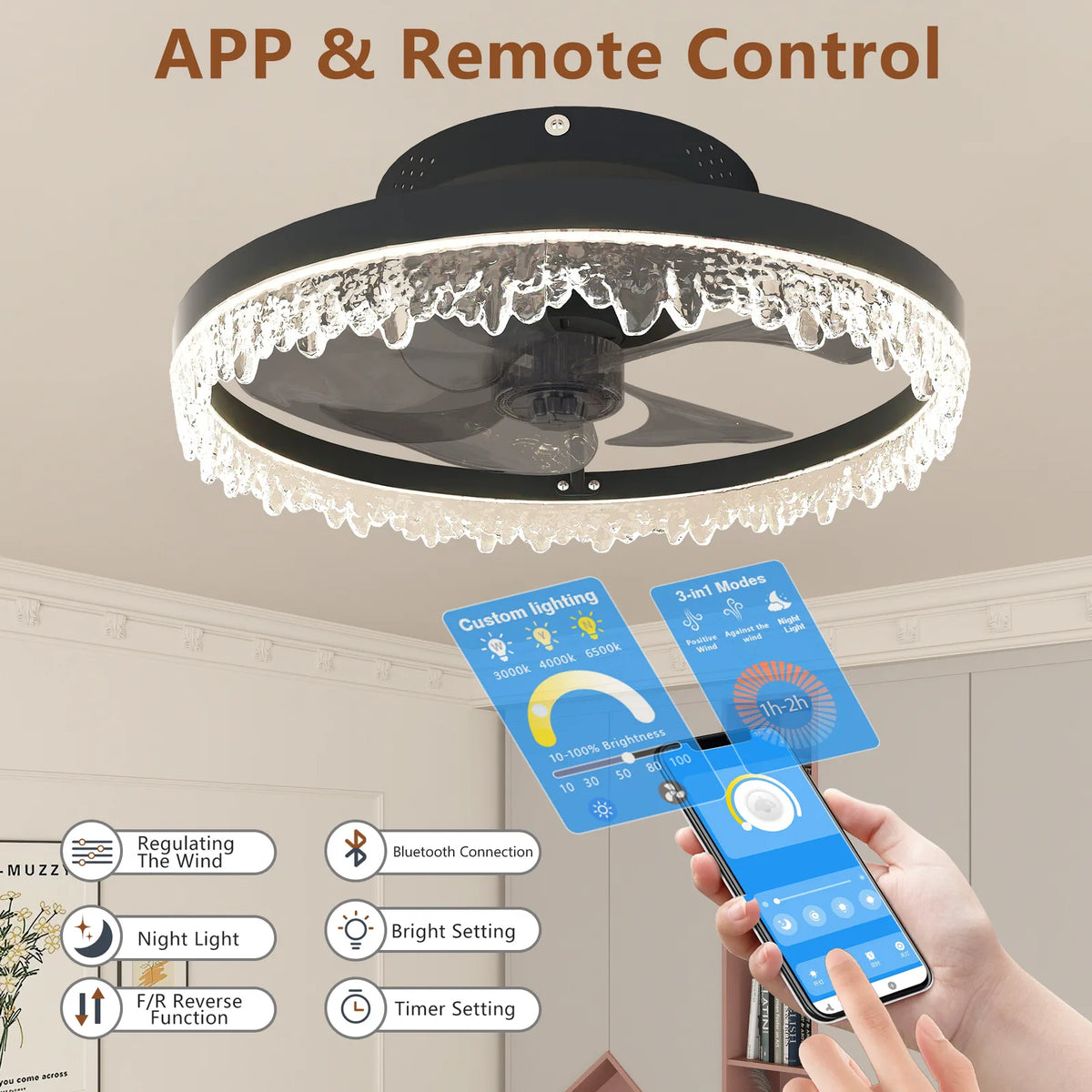 AEELLEEA 16" Ceiling Fan Light, Flush Mount LED Fandelier, 5 Invisible Blades, Dimmable, Remote & App, Bedroom Living Room, Black