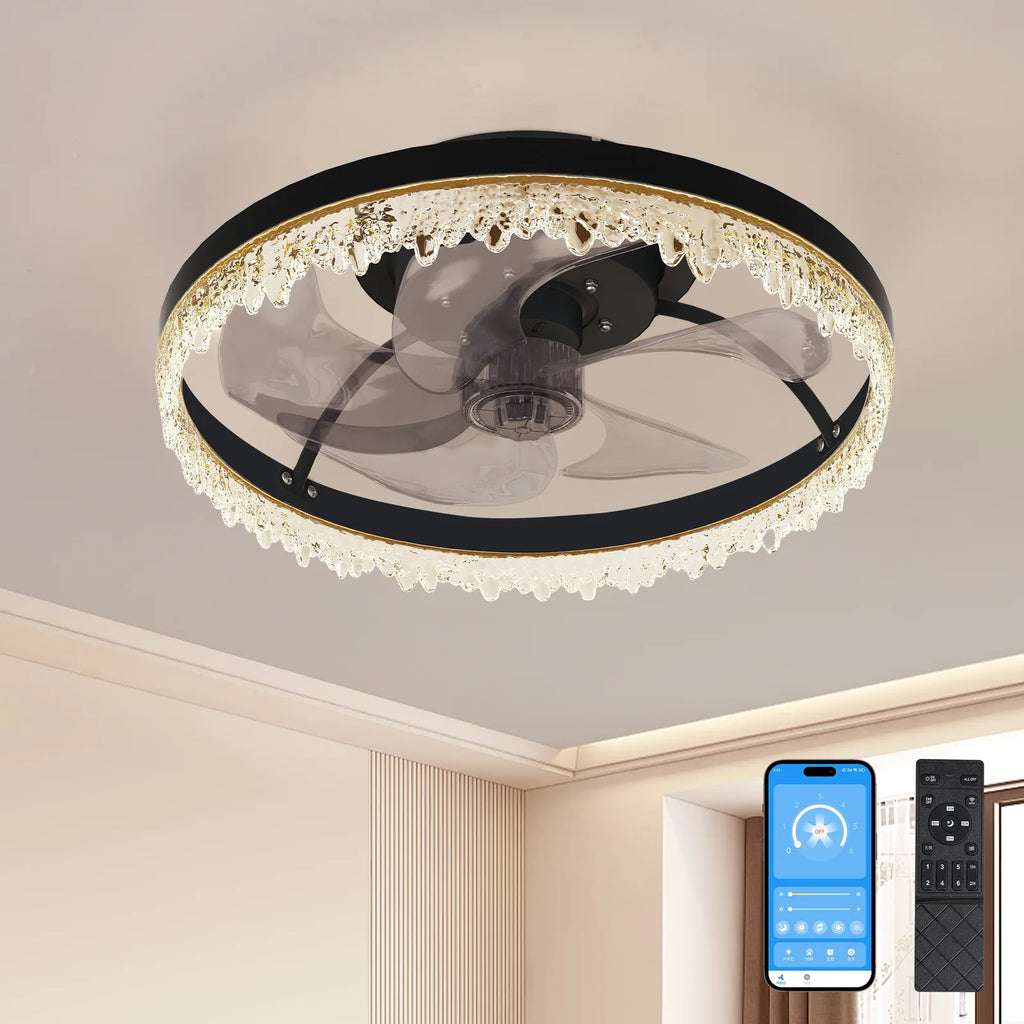 AEELLEEA 16" Ceiling Fan Light, Flush Mount LED Fandelier, 5 Invisible Blades, Dimmable, Remote & App, Bedroom Living Room, Black