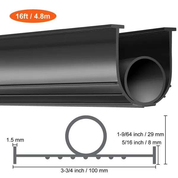 U Shape + O Ring Garage Door Bottom Seal, 16 Ft Weatherproof Rubber Weather Stripping, 5/16 in T-Ends, 3 3/4 in Width, Black
