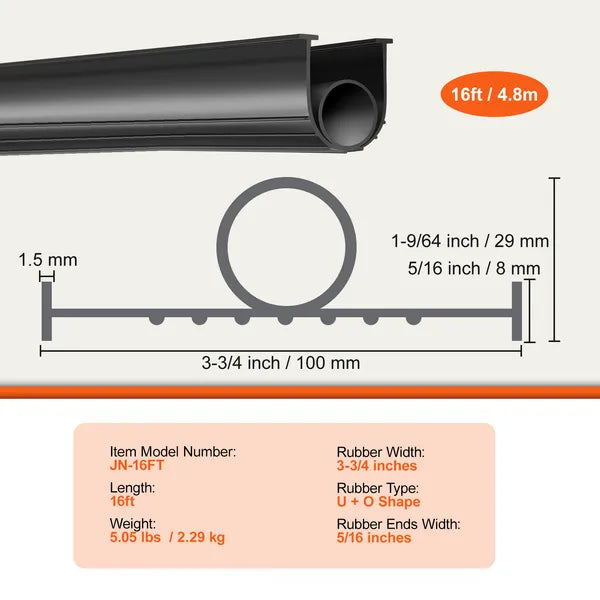 U Shape + O Ring Garage Door Bottom Seal, 16 Ft Weatherproof Rubber Weather Stripping, 5/16 in T-Ends, 3 3/4 in Width, Black