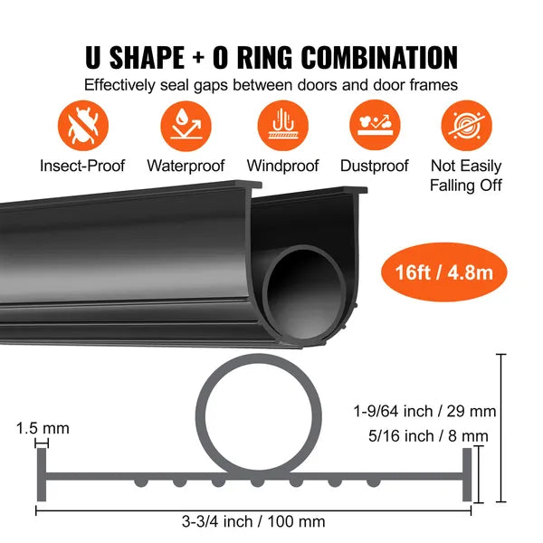 U Shape + O Ring Garage Door Bottom Seal, 16 Ft Weatherproof Rubber Weather Stripping, 5/16 in T-Ends, 3 3/4 in Width, Black