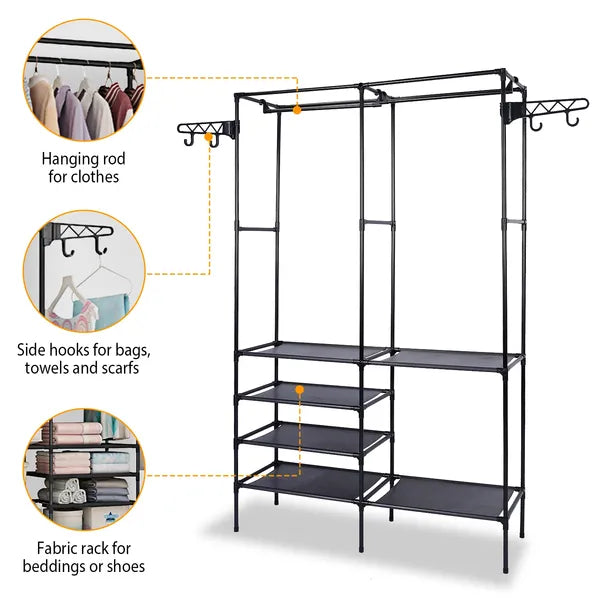 Aeelleea Garment Rack Heavy Duty Metal Shoe Clothing Organizer Shelves Freestanding Multifunctional Clothes Wardrobe