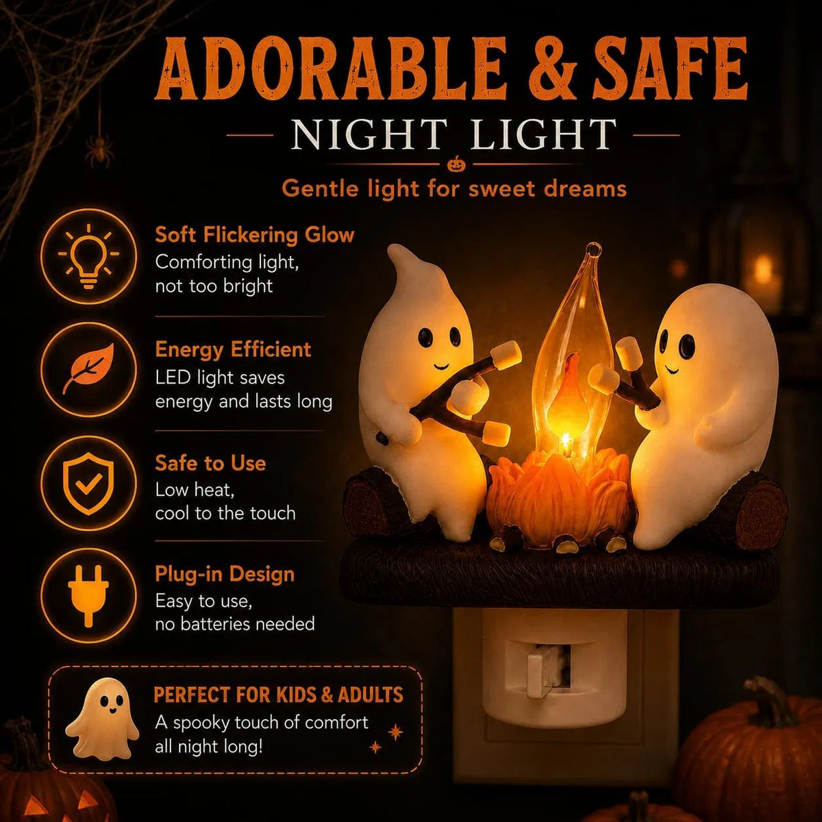 Ghost Campfire Plug-In Night Light, Flickering Flame Halloween Wall Light with 3D Ghost Decor, Warm LED Accent Light for Bedroom and Hallway