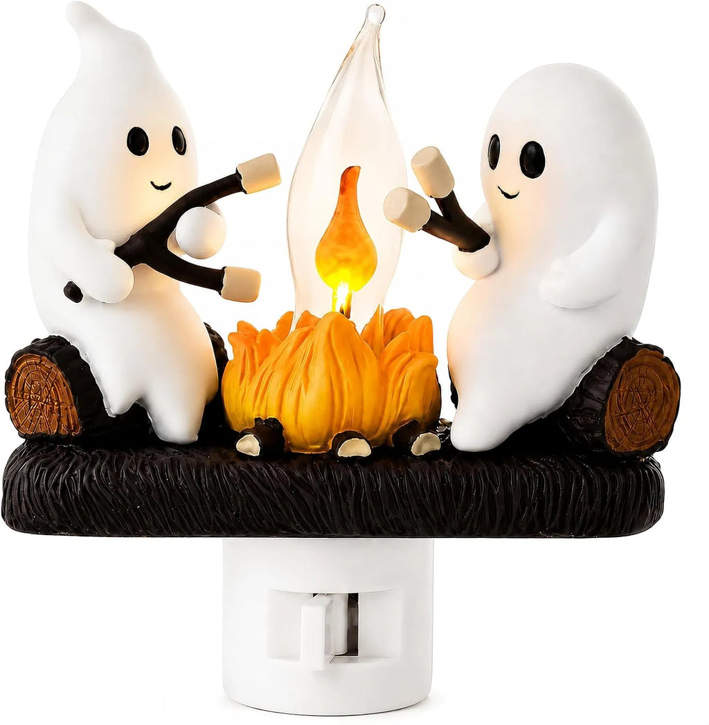 Ghost Campfire Nightlight Plug-in Wall Flickering Flame 3D Resin Halloween Decor Ghosts Roasting Marshmallows for Bedroom