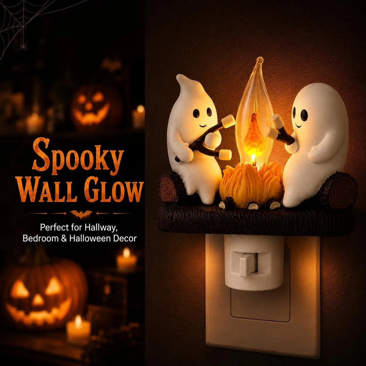 Ghost Campfire Plug-In Night Light, Flickering Flame Halloween Wall Light with 3D Ghost Decor, Warm LED Accent Light for Bedroom and Hallway