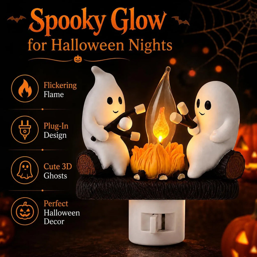 Ghost Campfire Plug-In Night Light, Flickering Flame Halloween Wall Light with 3D Ghost Decor, Warm LED Accent Light for Bedroom and Hallway