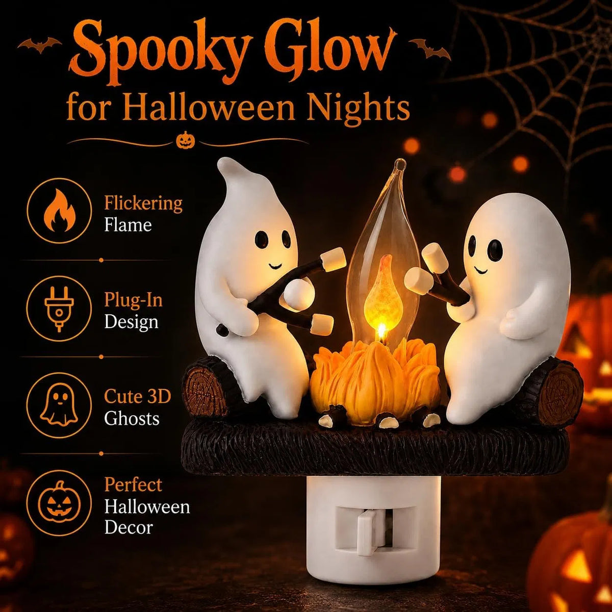 Ghost Campfire Plug-In Night Light, Flickering Flame Halloween Wall Light with 3D Ghost Decor, Warm LED Accent Light for Bedroom and Hallway
