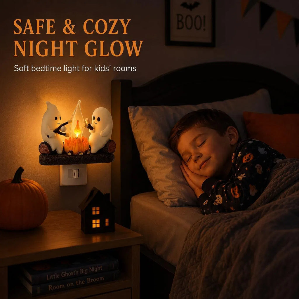 Ghost Campfire Nightlight Plug-in Wall Flickering Flame 3D Resin Halloween Decor Ghosts Roasting Marshmallows for Bedroom