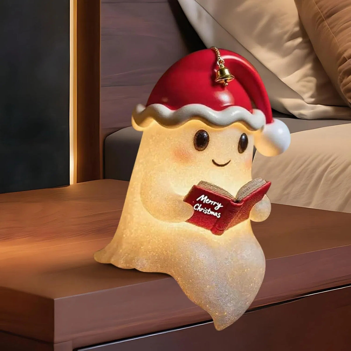 Ghost Reading Book LED Night Light with Christmas Hat, Resin Light-Up Figurine, Indoor Seasonal Tabletop Decor for Mantel, Shelf & Bedroom